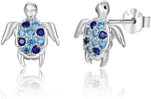 925 Sterling Silver Turtle Studs Earrings with Graduated Blue Cubic Zirconia, Sea Tortoise Nautical Jewelry Mother Day for Women Mom Wife Girlfriend with Box