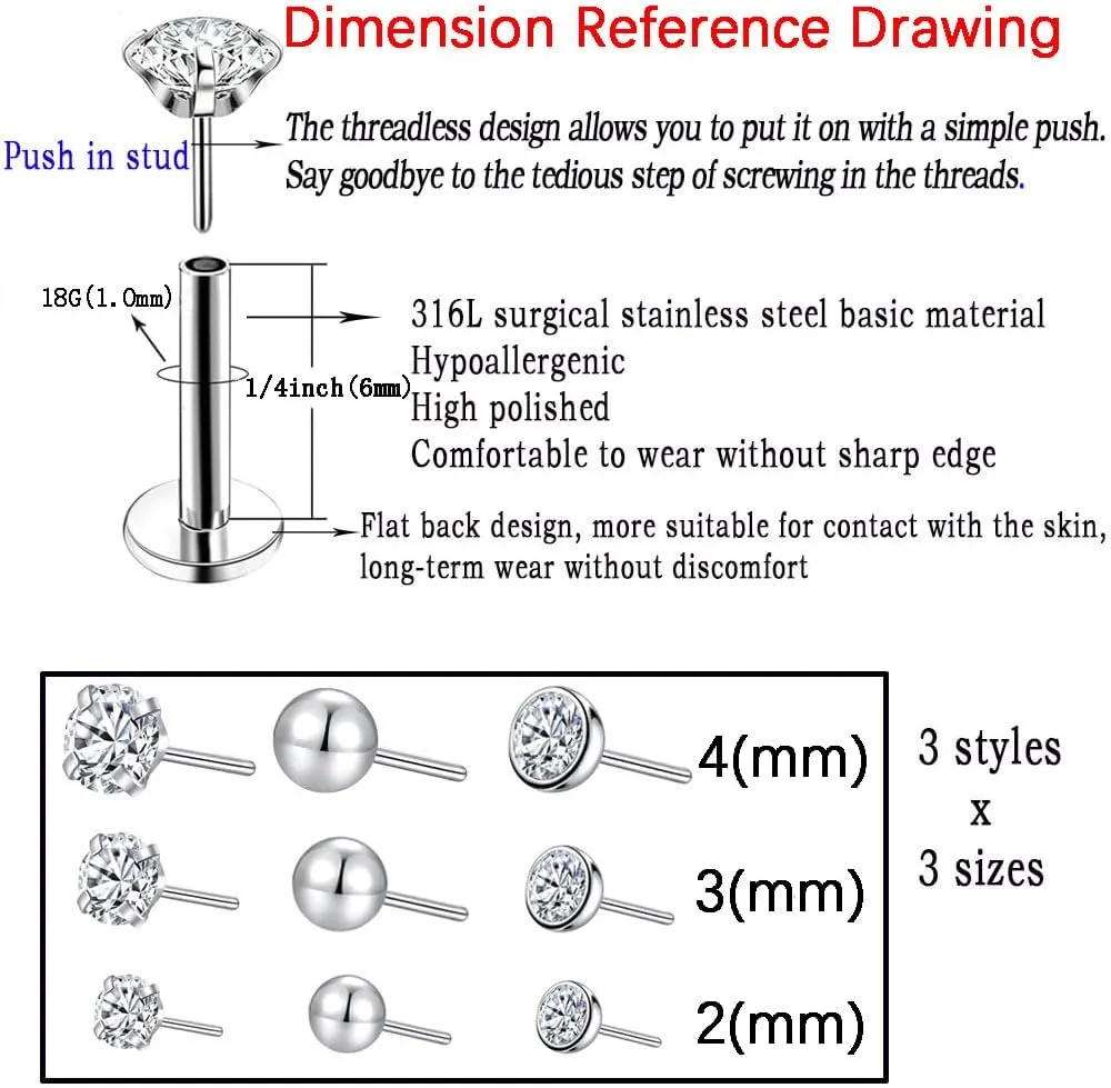 9pcs Threadless Push in Nose Rings Studs for Multiple Piercing,316L Surgical Stainless Steel Lip Rings Studs Labret Jewelry Cartilage Tragus Helix Earrings Studs Monroe Medusa Piercing Jewelry for Women Men