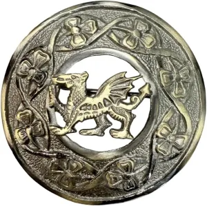 AAR Scottish Kilt Fly Plaid Brooch Welsh Dragon Antique/Chrome Finish 3" (7cm) (Antique) S