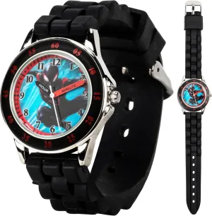 Accutime Marvel Spider-Man Miles Morales Time Teacher Watch for Kids with Black Silicone Band & Collectible Tin Case