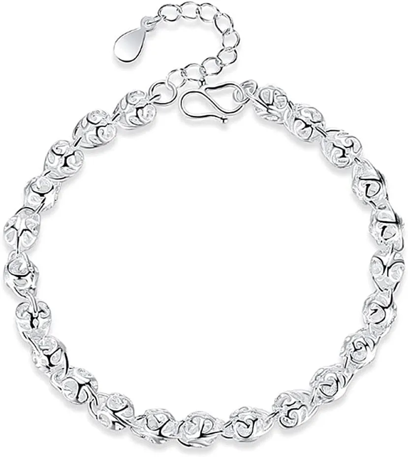 Adjustable Sterling Silver Bangle Bracelet,Chain Bracelets,Ladies Sterling Silver Bracelet Elegant Hand Carve Hollow Silver Beads Bracelet Friendship Bracelet Sterling Silve