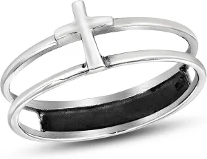 AeraVida 925 Sterling Silver Cross Inspirational Faith Symbol Double Band Ring-9 | Sterling Silver Cross Ring