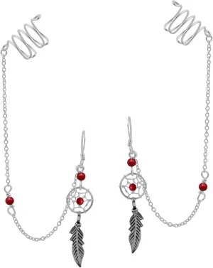 AeraVida Dream Catcher Chain with Reconstructed Red Coral .925 Sterling Silver Dangle with Ear Cuff Earrings | Classic Sterling Silver Ear Cuff Earrings |