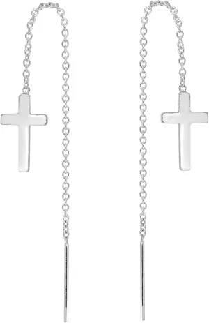 AeraVida Expression of Faith Cross and Chain .925 Sterling Silver Slide-Through Dangle Earrings | Classic Sterling Silver Earrings | Faith Cross Slide Through Earrings | Earrings For Women
