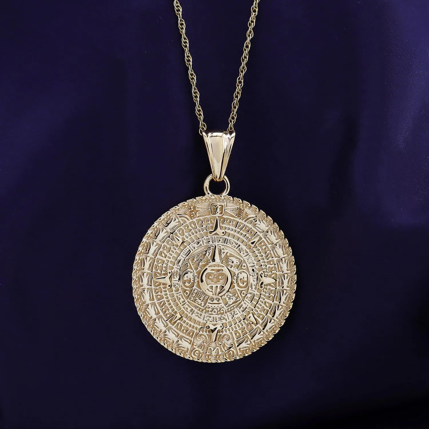 AFFY Aztec Mayan Sun Calendar Pendant Charm Necklace For Men & Women 14K Gold Over Sterling Silver, Medallion Pendant Necklace With 18-Inch Rope chain