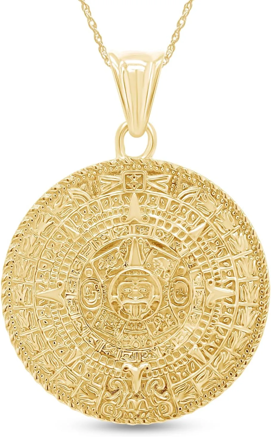 AFFY Aztec Mayan Sun Calendar Pendant Charm Necklace For Men & Women 14K Gold Over Sterling Silver, Medallion Pendant Necklace With 18-Inch Rope chain