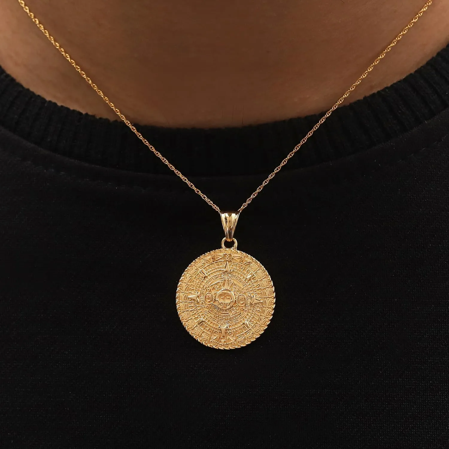 AFFY Aztec Mayan Sun Calendar Pendant Charm Necklace For Men & Women 14K Gold Over Sterling Silver, Medallion Pendant Necklace With 18-Inch Rope chain