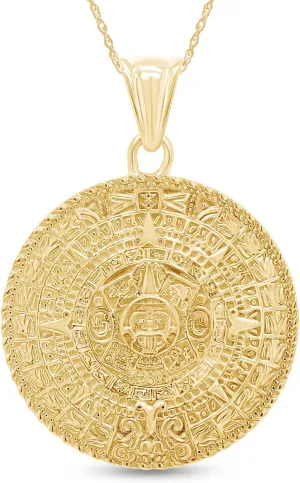 AFFY Aztec Mayan Sun Calendar Pendant Charm Necklace For Men & Women 14K Gold Over Sterling Silver, Medallion Pendant Necklace With 18-Inch Rope chain