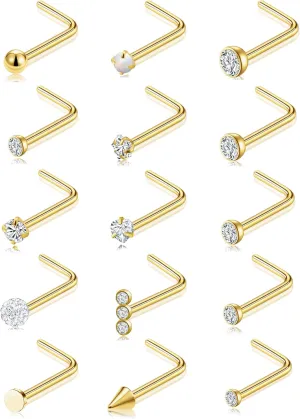 Akeoqi 15PCS G23 Titanium Nose Studs Ring L-Shaped Round CZ Ball Opal Star Heart Nose Studs Nostril Body Piercings Jewelry Set for Women Men Silver Gold Tone 20G 1.5mm 2mm 2.5mm 3mm 3.5mm