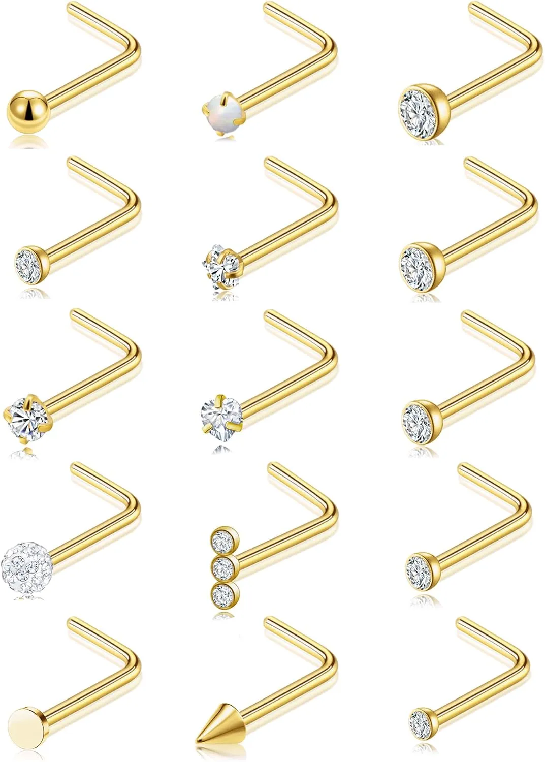Akeoqi 15PCS G23 Titanium Nose Studs Ring L-Shaped Round CZ Ball Opal Star Heart Nose Studs Nostril Body Piercings Jewelry Set for Women Men Silver Gold Tone 20G 1.5mm 2mm 2.5mm 3mm 3.5mm
