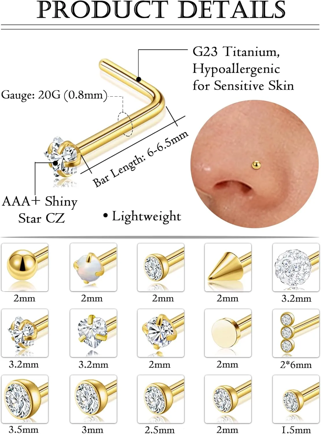 Akeoqi 15PCS G23 Titanium Nose Studs Ring L-Shaped Round CZ Ball Opal Star Heart Nose Studs Nostril Body Piercings Jewelry Set for Women Men Silver Gold Tone 20G 1.5mm 2mm 2.5mm 3mm 3.5mm