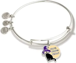 Alex and Ani Collections Expandable Bangle for Women, Youre Creepin Meowt Charm, Shiny Silver Finish, 2 to 3.5 in