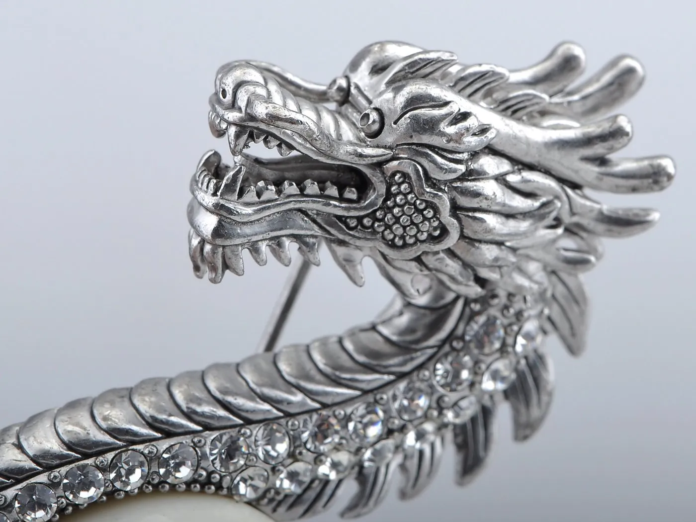 Alilang Antique Silvery Tone Frosted Crystal Stone Zodiac Chinese Dragon Brooch Pin