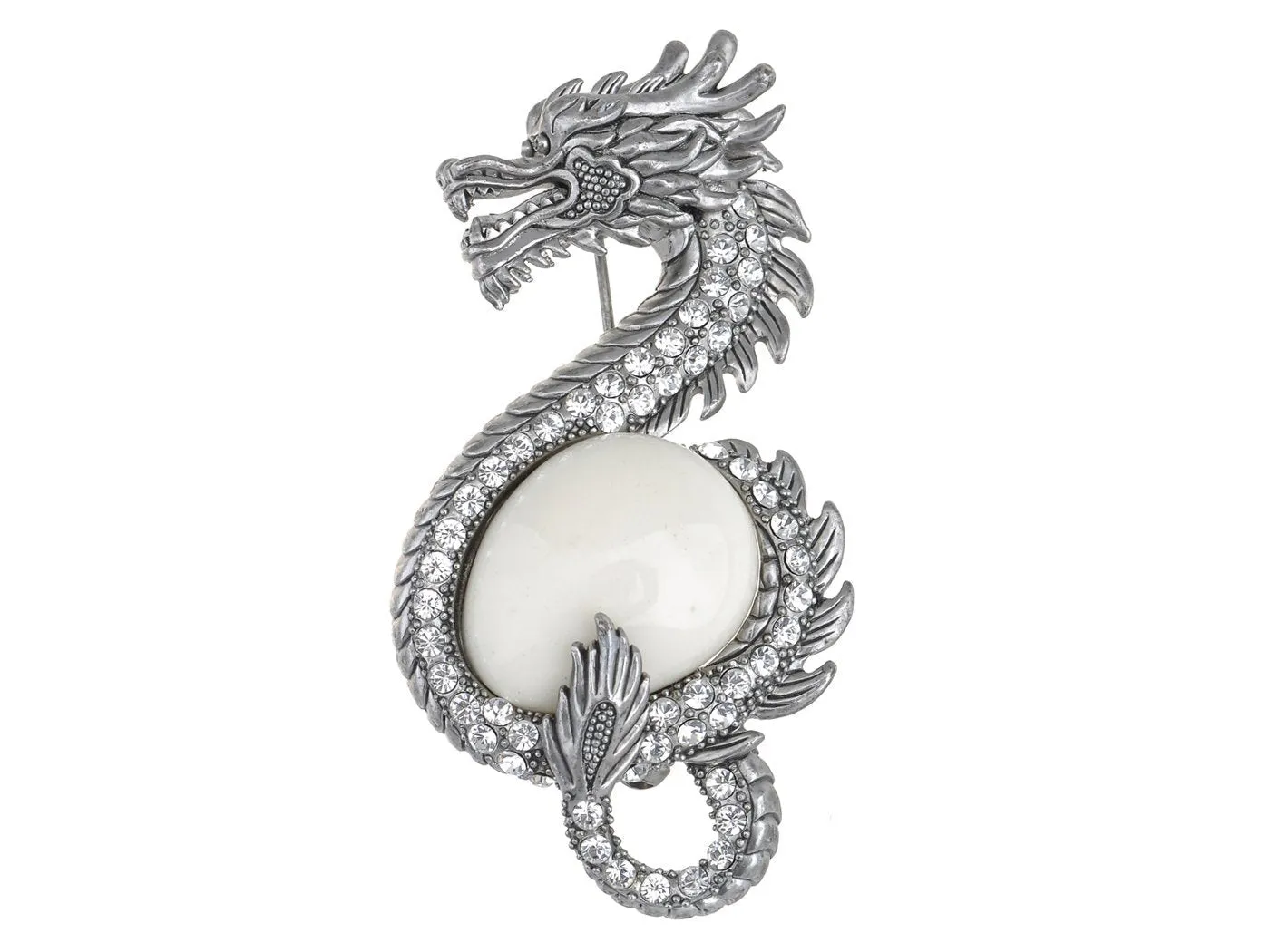 Alilang Antique Silvery Tone Frosted Crystal Stone Zodiac Chinese Dragon Brooch Pin