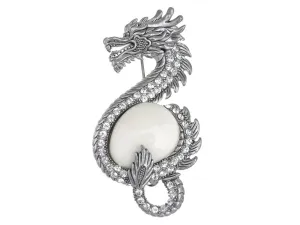 Alilang Antique Silvery Tone Frosted Crystal Stone Zodiac Chinese Dragon Brooch Pin
