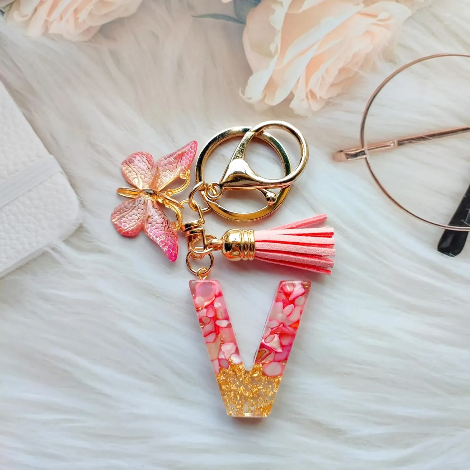 Alphabet Initial Letter Keychains for Women Girls Tassel Butterfly Cute Keychain for Backpack School Bag