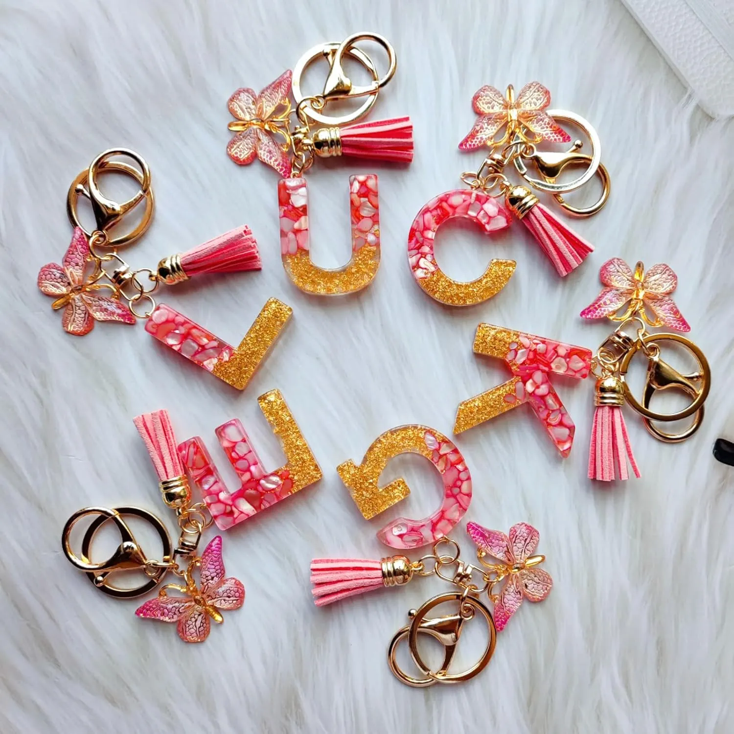 Alphabet Initial Letter Keychains for Women Girls Tassel Butterfly Cute Keychain for Backpack School Bag
