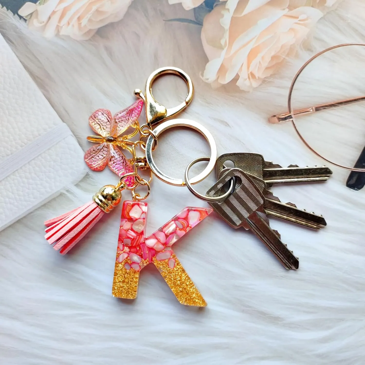 Alphabet Initial Letter Keychains for Women Girls Tassel Butterfly Cute Keychain for Backpack School Bag