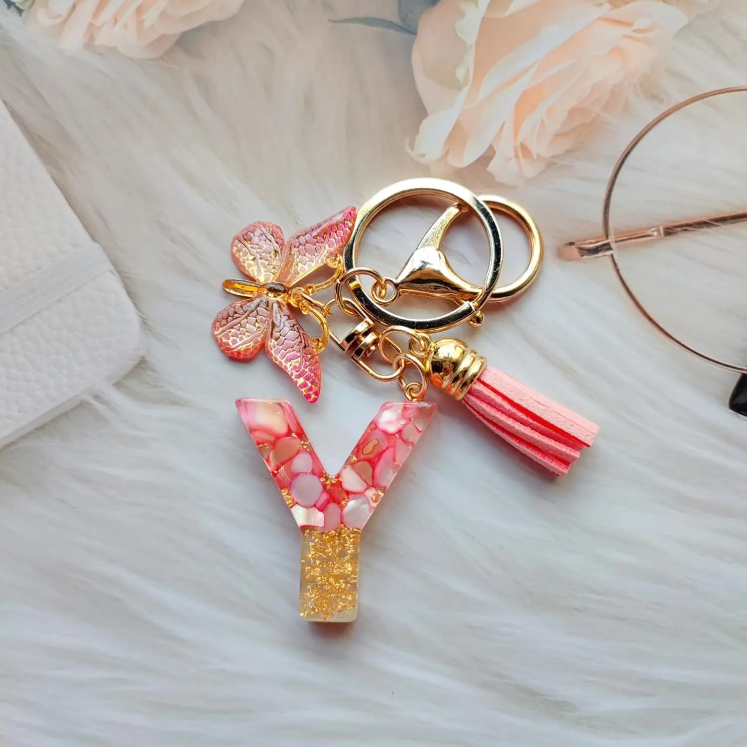Alphabet Initial Letter Keychains for Women Girls Tassel Butterfly Cute Keychain for Backpack School Bag