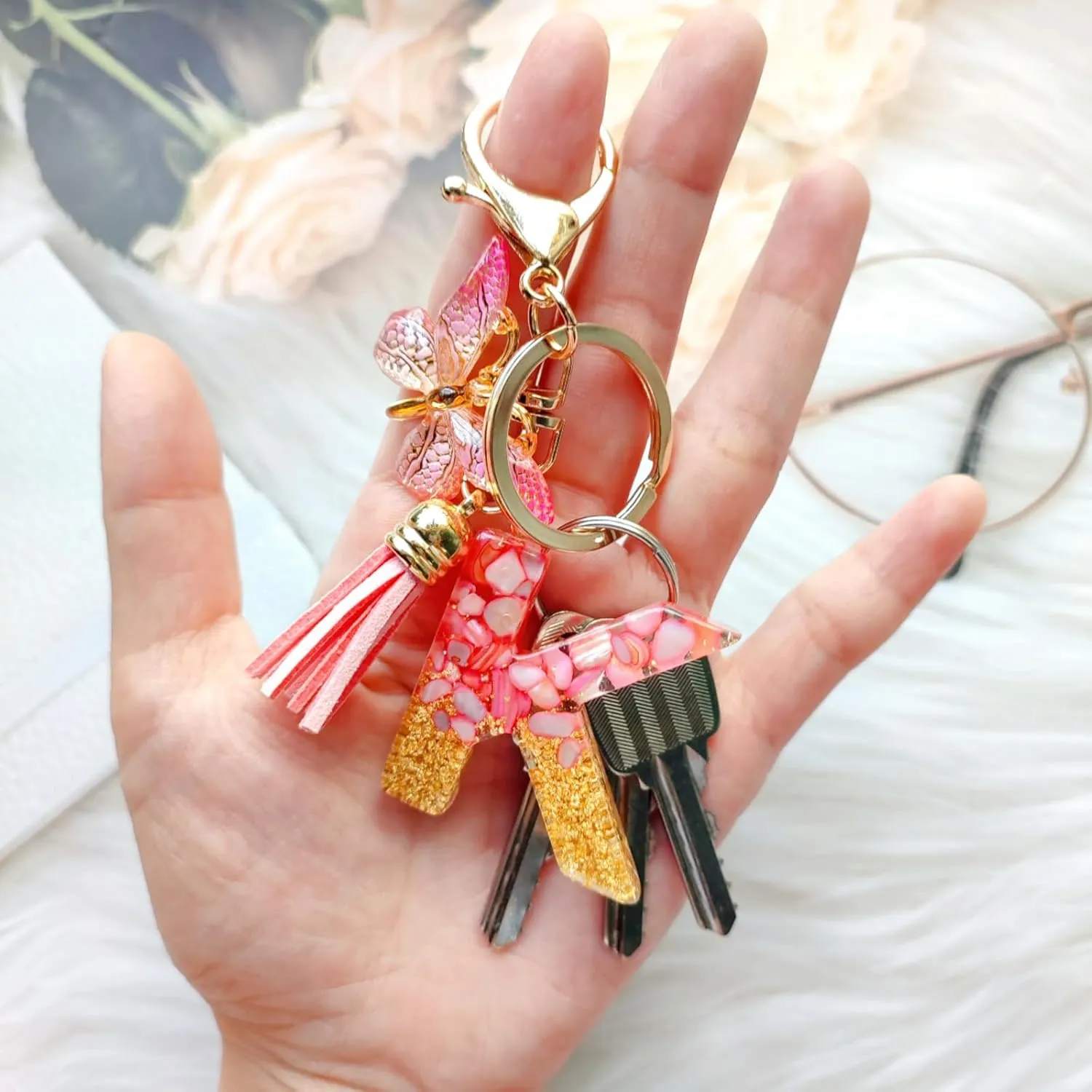 Alphabet Initial Letter Keychains for Women Girls Tassel Butterfly Cute Keychain for Backpack School Bag