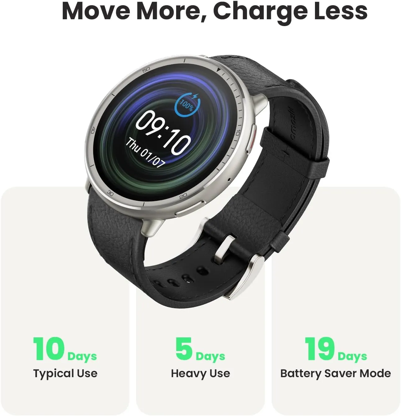 Amazfit Active 2 Smart Watch 44mm, 10 Day Battery, Fitness Tracker, Sleep Monitor, GPS Maps, 160  Sport Modes, Water Resistant, for Android & Apple iPhone, Sapphire Glass, Black Leather Strap