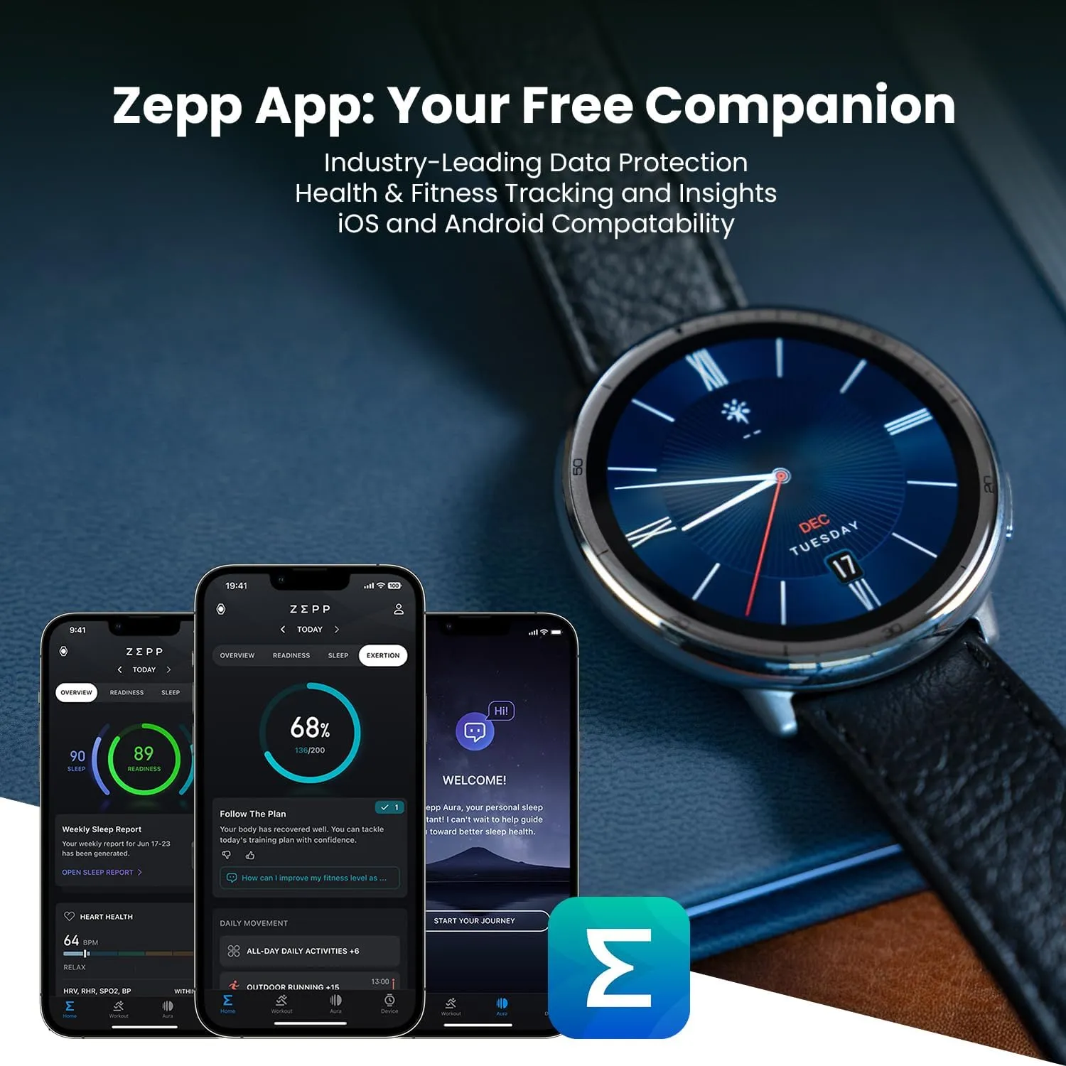 Amazfit Active 2 Smart Watch 44mm, 10 Day Battery, Fitness Tracker, Sleep Monitor, GPS Maps, 160  Sport Modes, Water Resistant, for Android & Apple iPhone, Sapphire Glass, Black Leather Strap