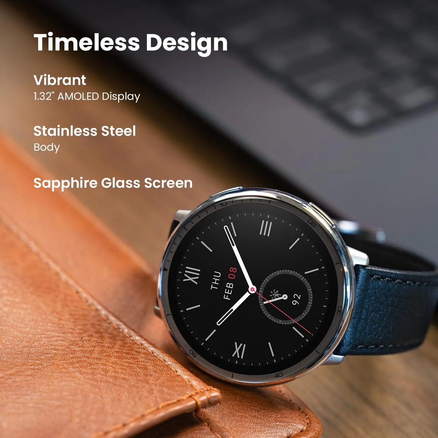 Amazfit Active 2 Smart Watch 44mm, 10 Day Battery, Fitness Tracker, Sleep Monitor, GPS Maps, 160  Sport Modes, Water Resistant, for Android & Apple iPhone, Sapphire Glass, Black Leather Strap
