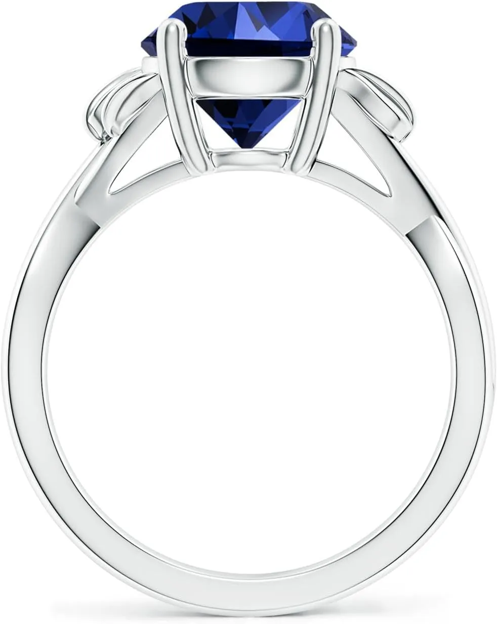 Angara Lab Grown Blue Sapphire Crossover Engagement Ring with Leaf Motifs in 14K Solid Gold/Platinum | September Birthstone, Birthday, Anniversary, Wedding Jewelry Gift for Women