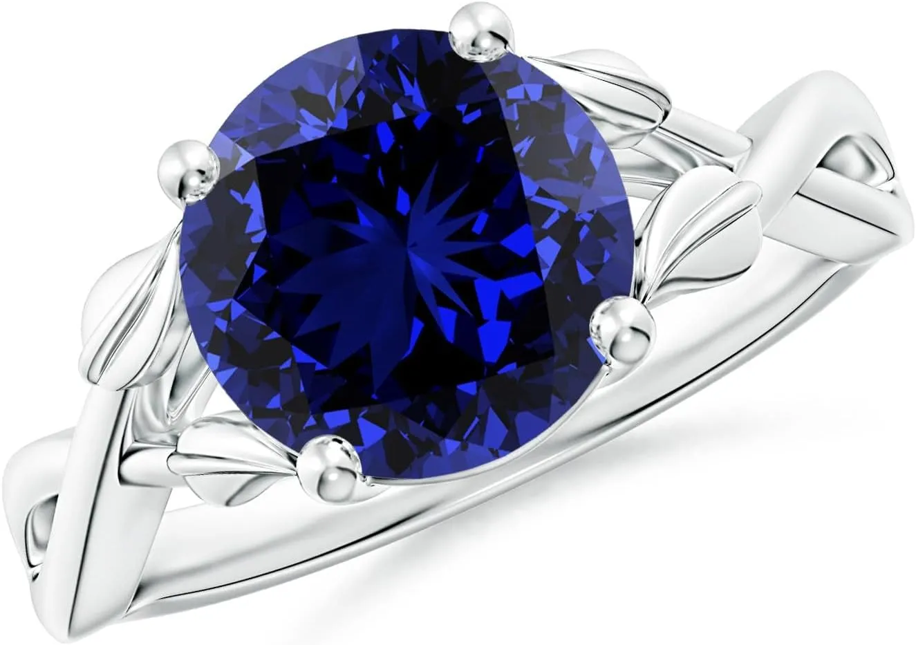 Angara Lab Grown Blue Sapphire Crossover Engagement Ring with Leaf Motifs in 14K Solid Gold/Platinum | September Birthstone, Birthday, Anniversary, Wedding Jewelry Gift for Women