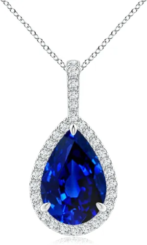 Angara Lab Grown Blue Sapphire Teardrop Pendant with Lab Diamond Halo in Silver / 14K Solid Gold/Platinum | September Birthstone, Birthday, Engagement, Anniversary, Wedding Jewelry Gift for Women