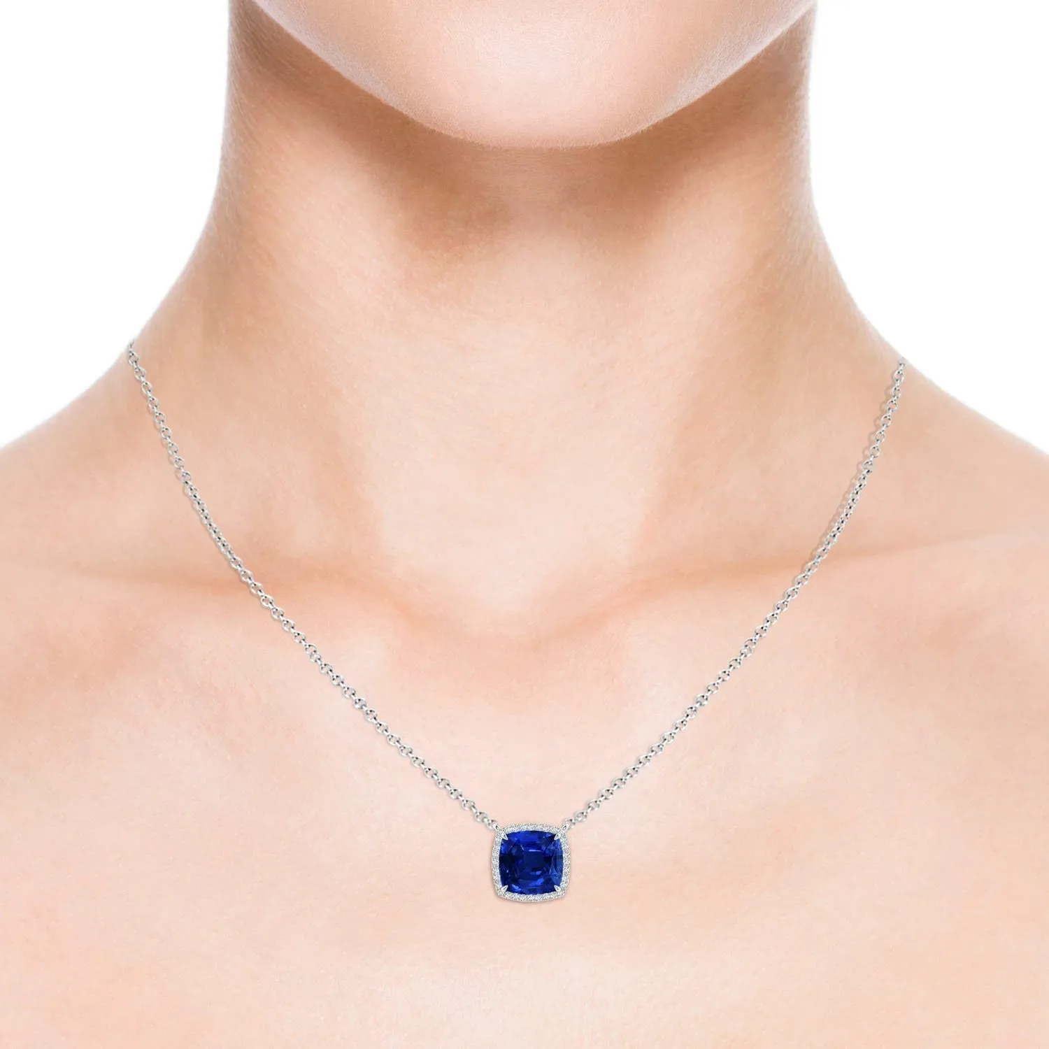 Angara Lab Grown Cushion Blue Sapphire Halo Pendant with Filigree in Silver / 14K Solid Gold/Platinum | September Birthstone, Birthday, Engagement, Anniversary, Wedding Jewelry Gift for Women
