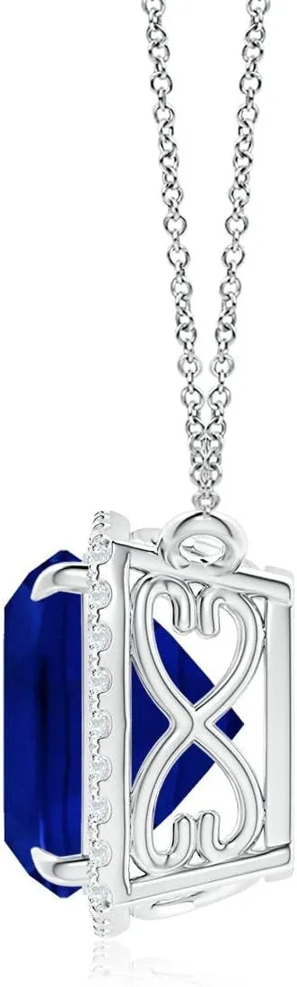 Angara Lab Grown Cushion Blue Sapphire Halo Pendant with Filigree in Silver / 14K Solid Gold/Platinum | September Birthstone, Birthday, Engagement, Anniversary, Wedding Jewelry Gift for Women