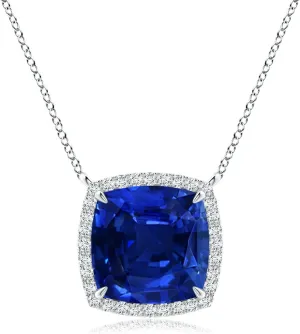 Angara Lab Grown Cushion Blue Sapphire Halo Pendant with Filigree in Silver / 14K Solid Gold/Platinum | September Birthstone, Birthday, Engagement, Anniversary, Wedding Jewelry Gift for Women