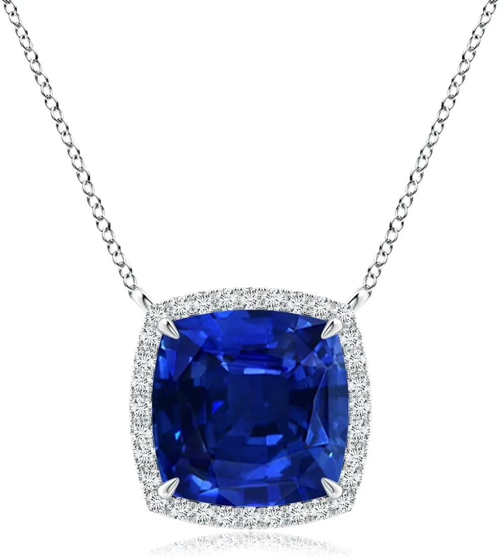 Angara Lab Grown Cushion Blue Sapphire Halo Pendant with Filigree in Silver / 14K Solid Gold/Platinum | September Birthstone, Birthday, Engagement, Anniversary, Wedding Jewelry Gift for Women