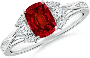 Angara Lab Grown Cushion Rectangular Ruby Engagement Ring with Lab Pear Diamonds in 14K Solid Gold/Platinum | July Birthstone, Birthday, Anniversary, Wedding Jewelry Gift for Women