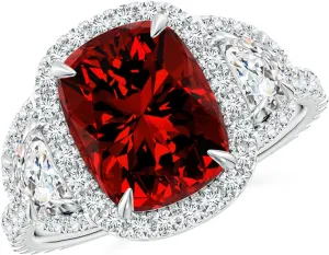 Angara Lab Grown Cushion Ruby and Half Moon Diamond Halo Ring in 14K Solid Gold/Platinum | July Birthstone, Birthday, Engagement, Anniversary, Wedding Jewelry Gift for Women
