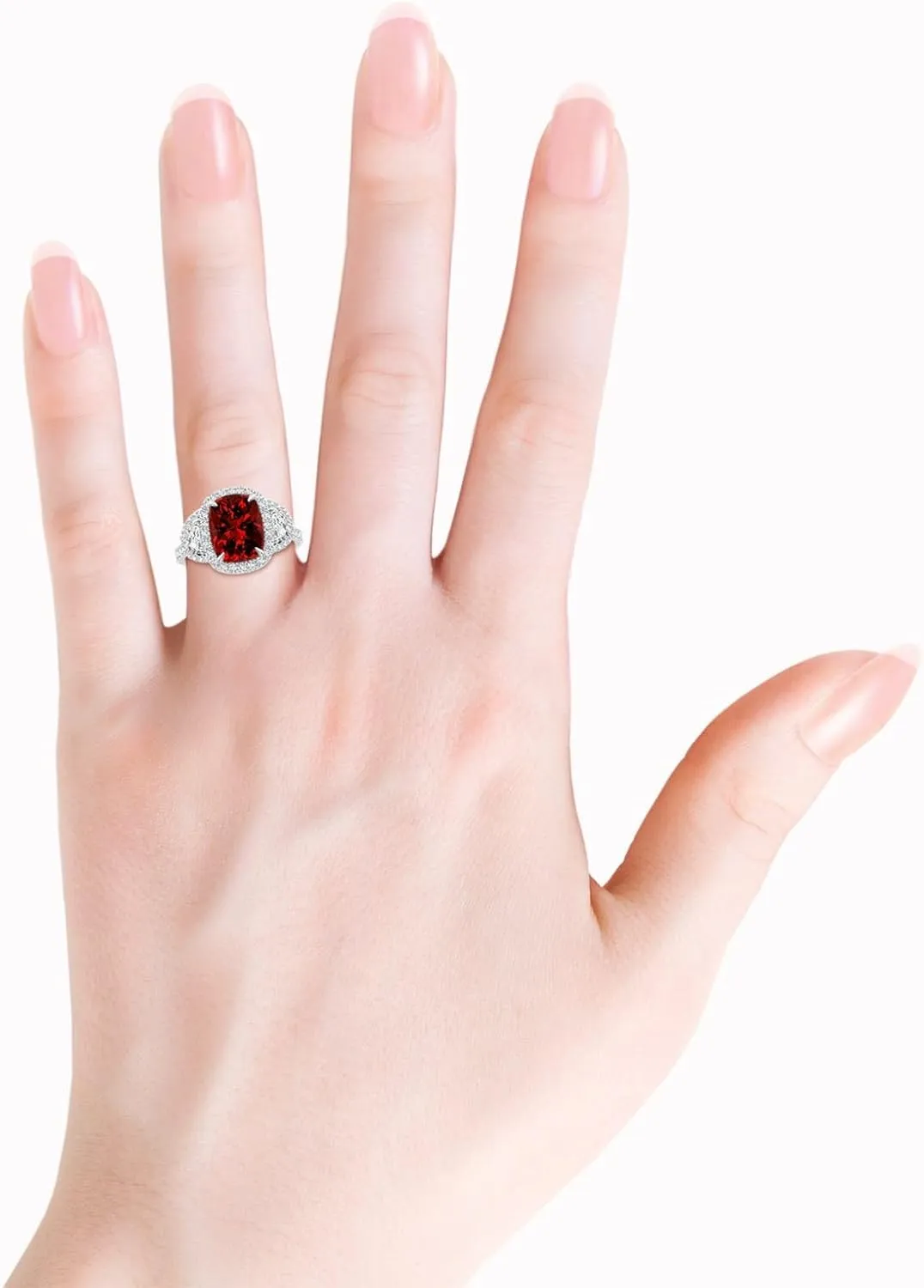 Angara Lab Grown Cushion Ruby and Half Moon Diamond Halo Ring in 14K Solid Gold/Platinum | July Birthstone, Birthday, Engagement, Anniversary, Wedding Jewelry Gift for Women
