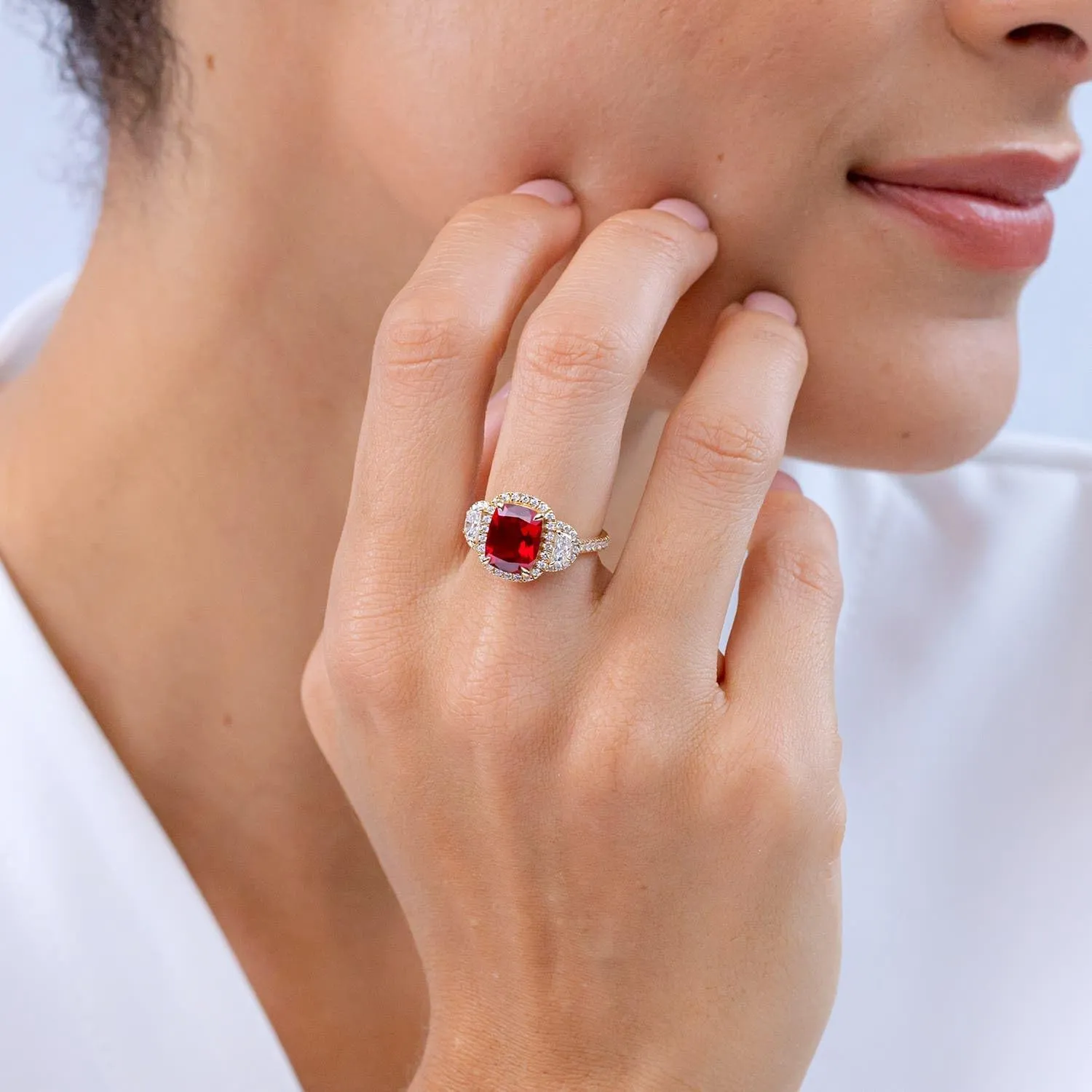 Angara Lab Grown Cushion Ruby and Half Moon Diamond Halo Ring in 14K Solid Gold/Platinum | July Birthstone, Birthday, Engagement, Anniversary, Wedding Jewelry Gift for Women