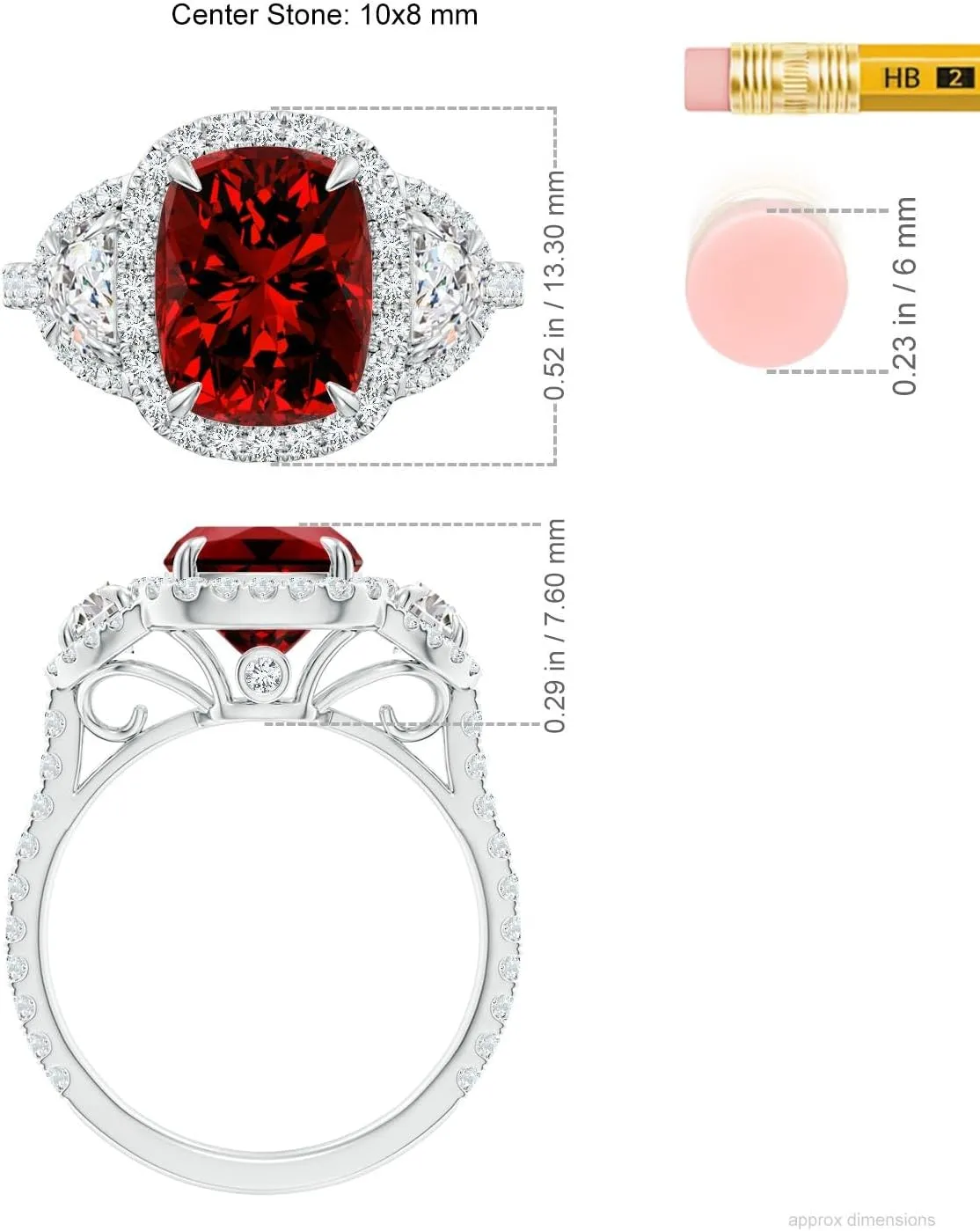 Angara Lab Grown Cushion Ruby and Half Moon Diamond Halo Ring in 14K Solid Gold/Platinum | July Birthstone, Birthday, Engagement, Anniversary, Wedding Jewelry Gift for Women