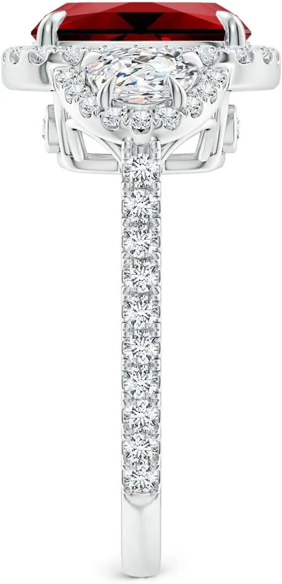 Angara Lab Grown Cushion Ruby and Half Moon Diamond Halo Ring in 14K Solid Gold/Platinum | July Birthstone, Birthday, Engagement, Anniversary, Wedding Jewelry Gift for Women