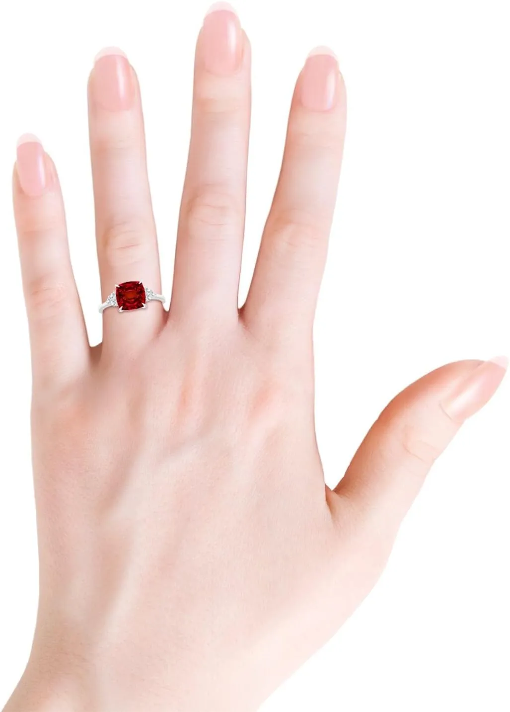 Angara Lab Grown Cushion Ruby Engagement Ring with Trio Diamonds in Silver / 14K Solid Gold/Platinum | July Birthstone, Birthday, Anniversary, Wedding Jewelry Gift for Women