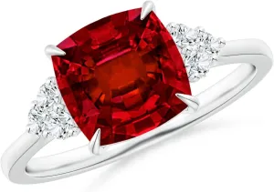 Angara Lab Grown Cushion Ruby Engagement Ring with Trio Diamonds in Silver / 14K Solid Gold/Platinum | July Birthstone, Birthday, Anniversary, Wedding Jewelry Gift for Women
