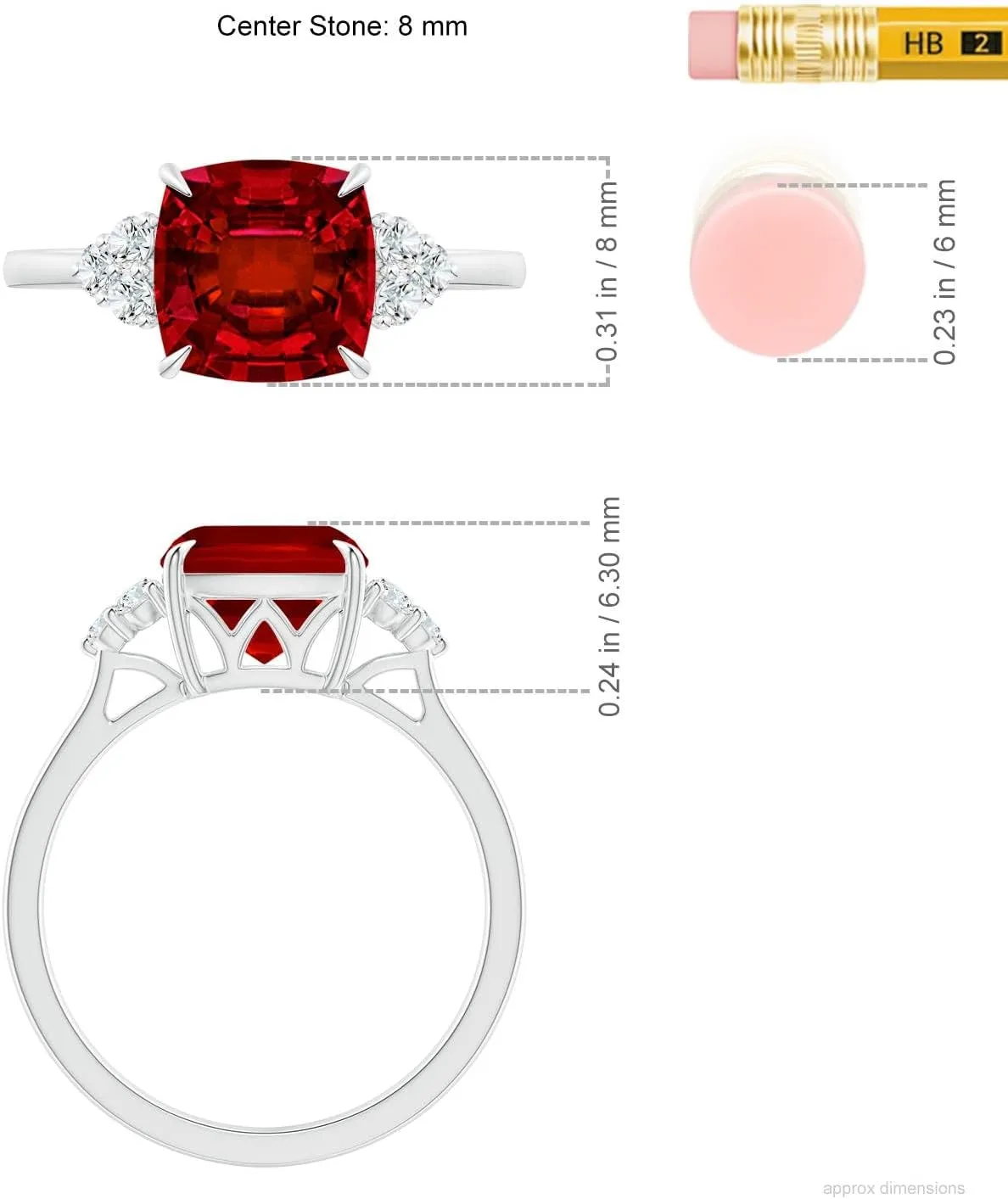 Angara Lab Grown Cushion Ruby Engagement Ring with Trio Diamonds in Silver / 14K Solid Gold/Platinum | July Birthstone, Birthday, Anniversary, Wedding Jewelry Gift for Women