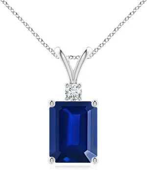Angara Lab Grown Emerald-Cut Blue Sapphire Solitaire Pendant with Diamond in Silver / 14K Solid Gold/Platinum | September Birthstone, Birthday, Engagement, Anniversary Jewelry Gift for Women