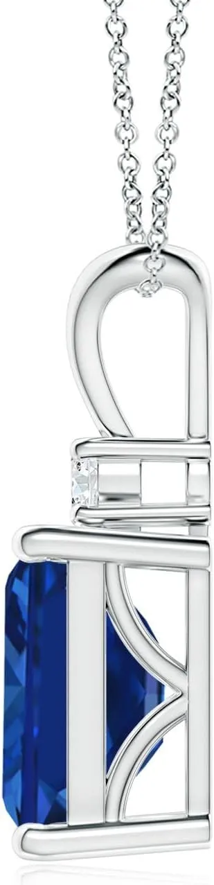 Angara Lab Grown Emerald-Cut Blue Sapphire Solitaire Pendant with Diamond in Silver / 14K Solid Gold/Platinum | September Birthstone, Birthday, Engagement, Anniversary Jewelry Gift for Women