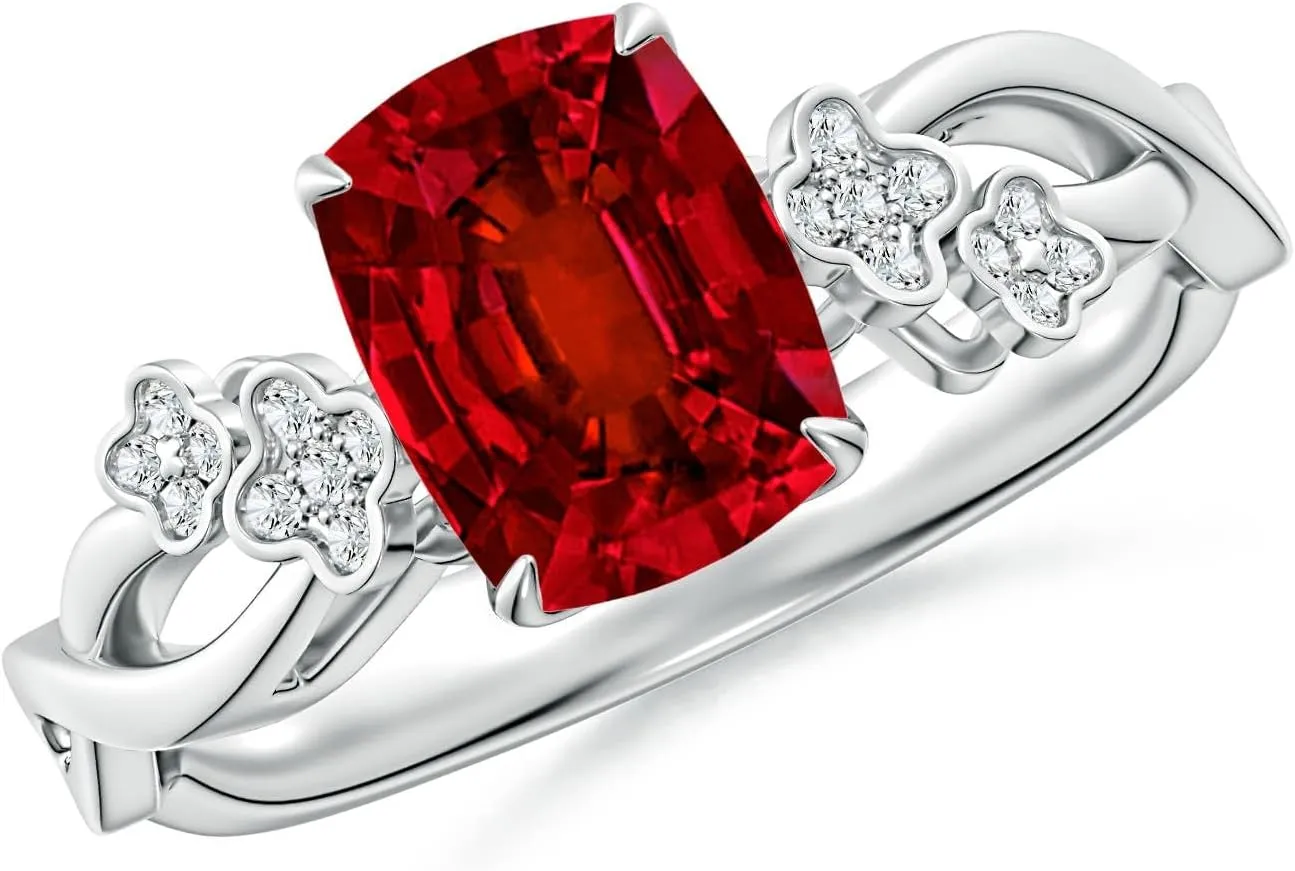 Angara Lab Grown Nature-Inspired Cushion Rectangular Ruby Floral Engagement Ring in 14K Solid Gold/Platinum | July Birthstone, Birthday, Anniversary, Wedding Jewelry Gift for Women