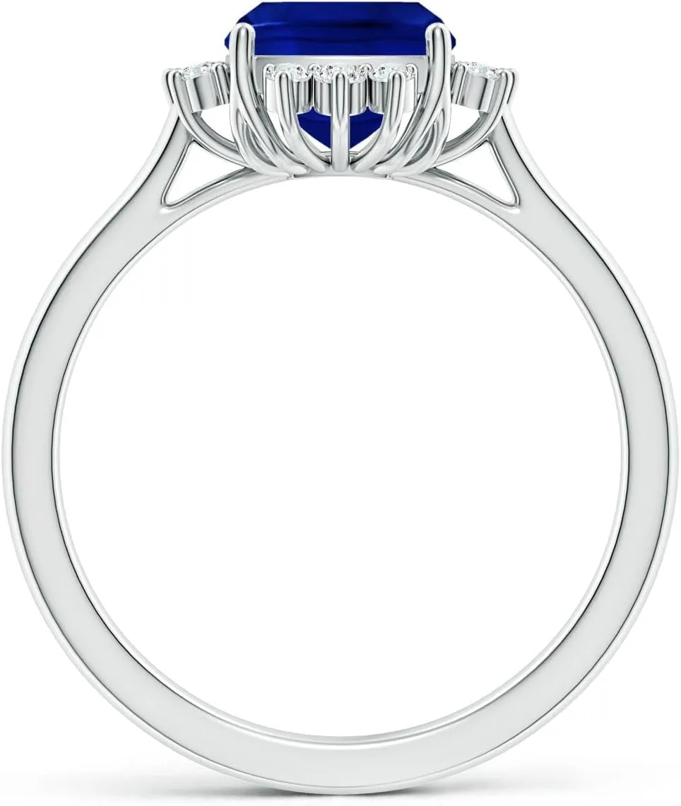 Angara Lab Grown Prong-Set Cushion Rectangular Blue Sapphire Halo Engagement Ring in 14K Solid Gold/Platinum | September Birthstone, Birthday, Anniversary, Wedding Jewelry Gift for Women