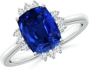 Angara Lab Grown Prong-Set Cushion Rectangular Blue Sapphire Halo Engagement Ring in 14K Solid Gold/Platinum | September Birthstone, Birthday, Anniversary, Wedding Jewelry Gift for Women