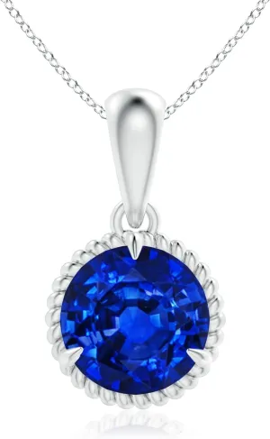 Angara Lab Grown Rope-Framed Claw-Set Blue Sapphire Solitaire Pendant in Silver / 14K Solid Gold/Platinum | September Birthstone, Birthday, Engagement, Anniversary, Wedding Jewelry Gift for Women