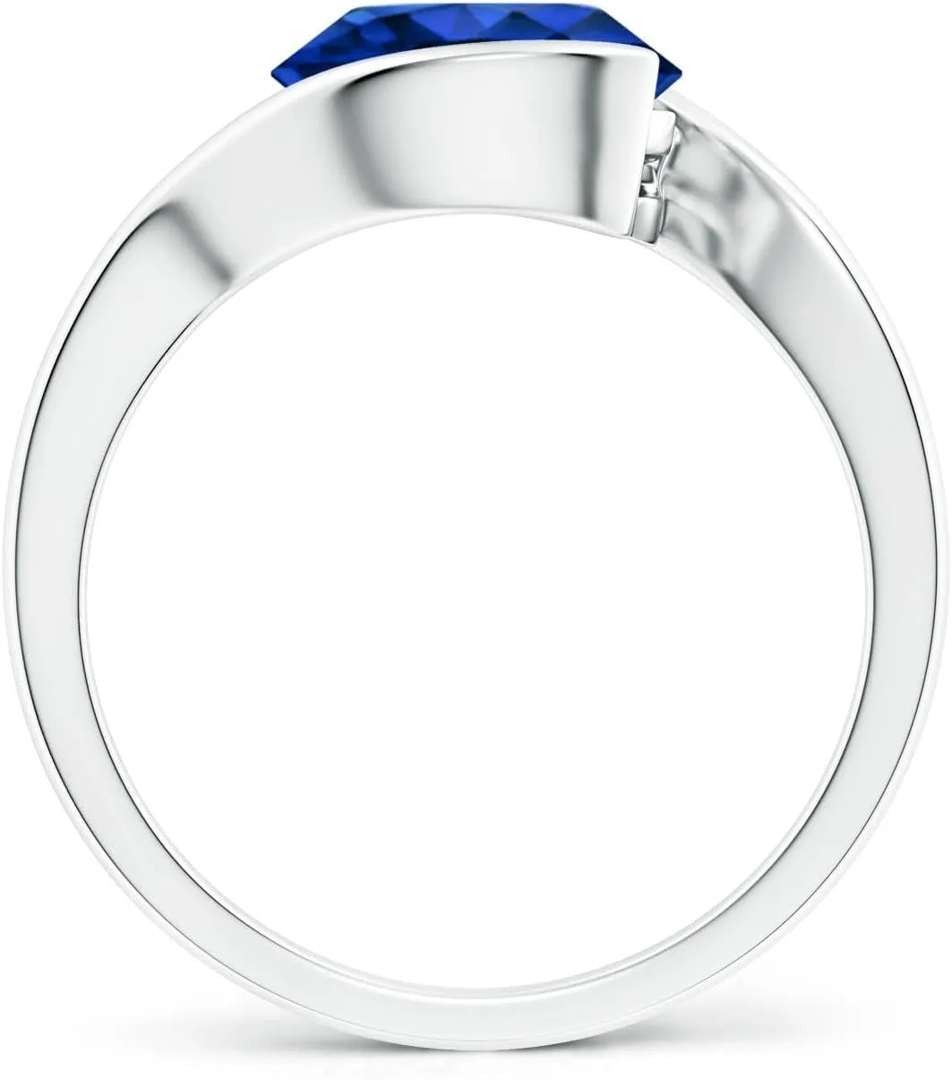 Angara Lab Grown Semi Bezel-Set Solitaire Round Blue Sapphire Bypass Ring in Silver / 14K Solid Gold/Platinum | September Birthstone, Birthday, Engagement, Anniversary Jewelry Gift for Women